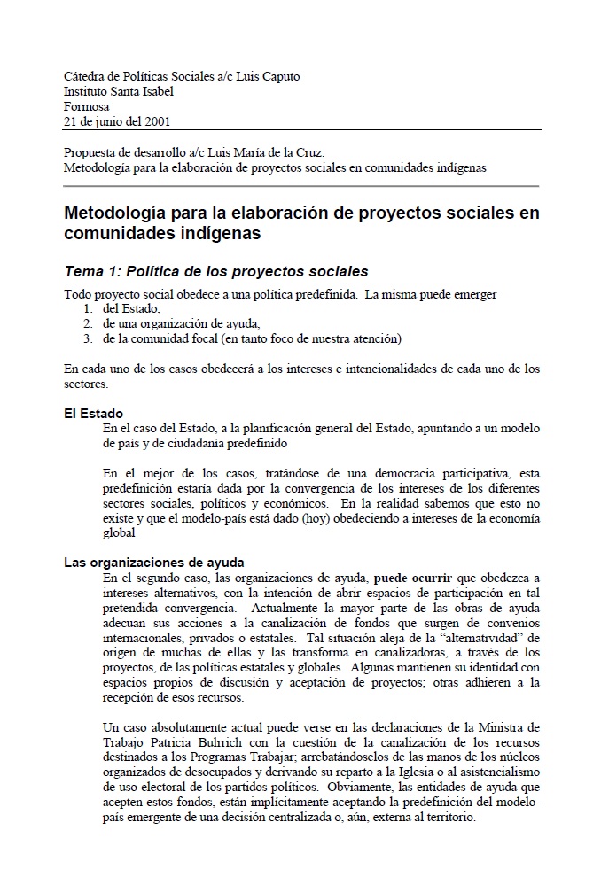 Metodología para la elaboración de proyectos sociales en comunidades indígenas