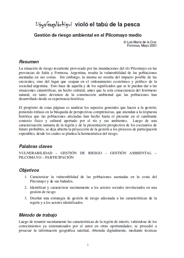 Uáya Gaqaláchigui violó el tabú de la pesca. Gestión de riesgo ambiental en el Pilcomayo medio