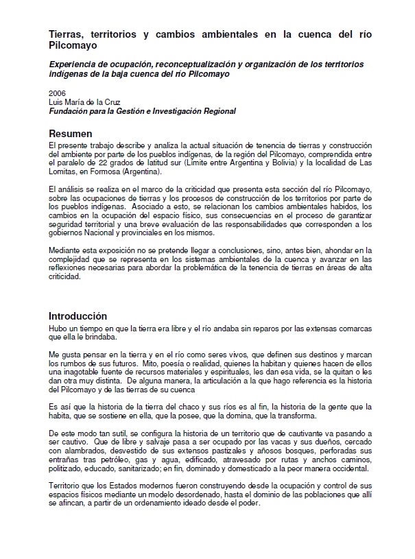 Tierras, territorios y cambios ambientales en la cuenca del río Pilcomayo