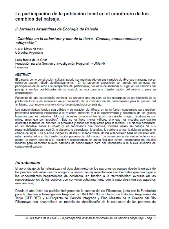 La participación de la población local en el monitoreo de los cambios del paisaje