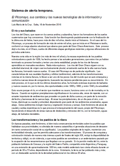 Sistema de alerta temprano. El Pilcomayo, sus cambios y las nuevas tecnologías de la información y comunicación